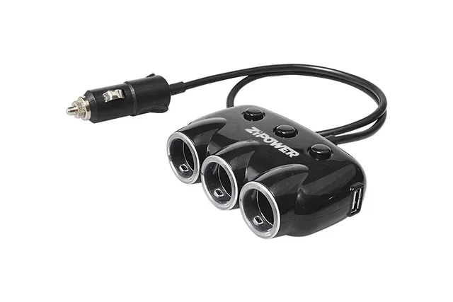 Разветвитель прикуривателя - 3 гнезда, 2 USB-выхода. Черный