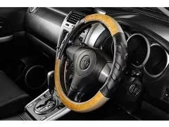 Чехол на руль iSky с рельефом под пальцы, вставками под дерево, кожзам, размер S, беж.